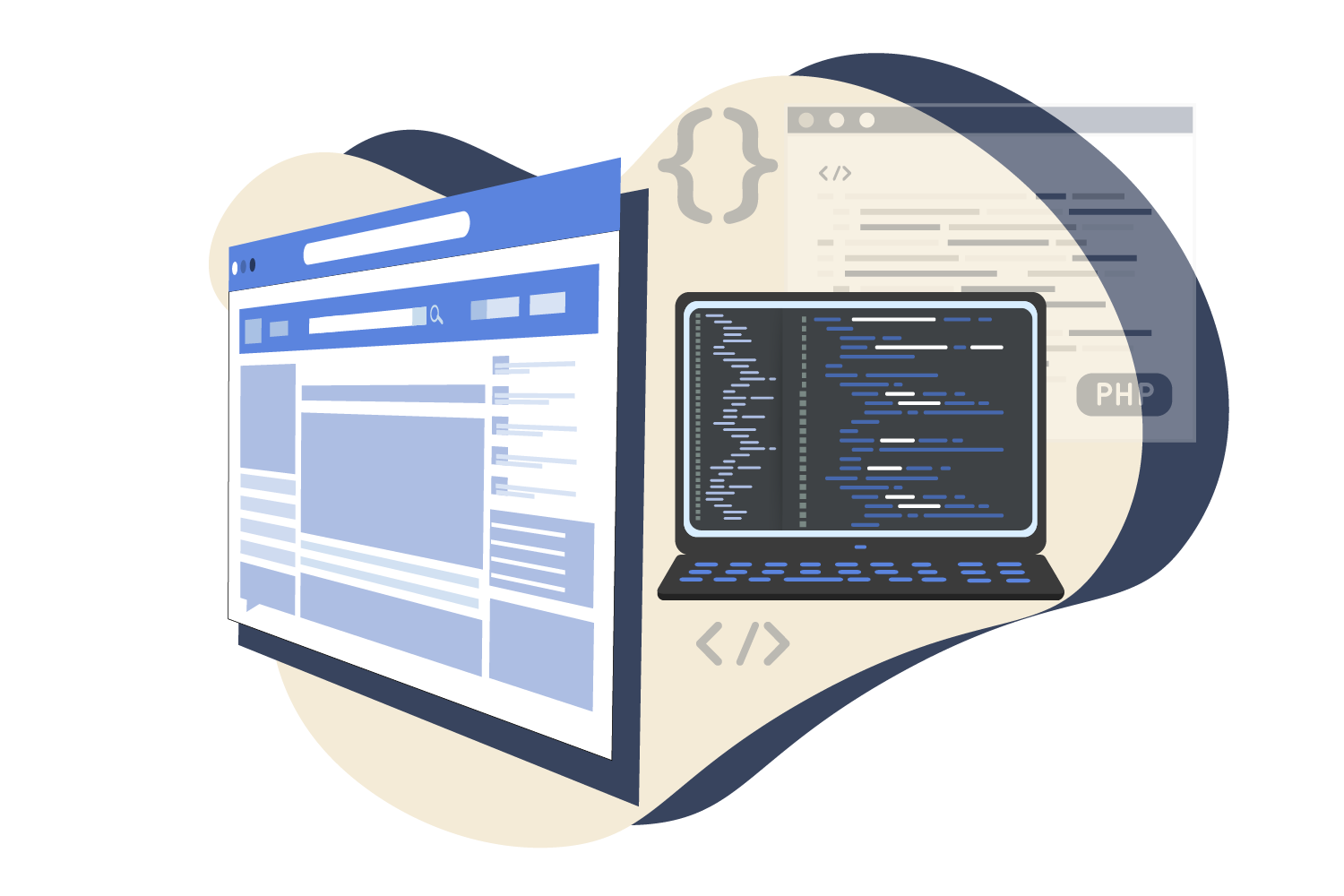 Ein Browserfenster auf dem eine Webseite erstellt wird. Im Hintergrund ein Laptop mit Code. 